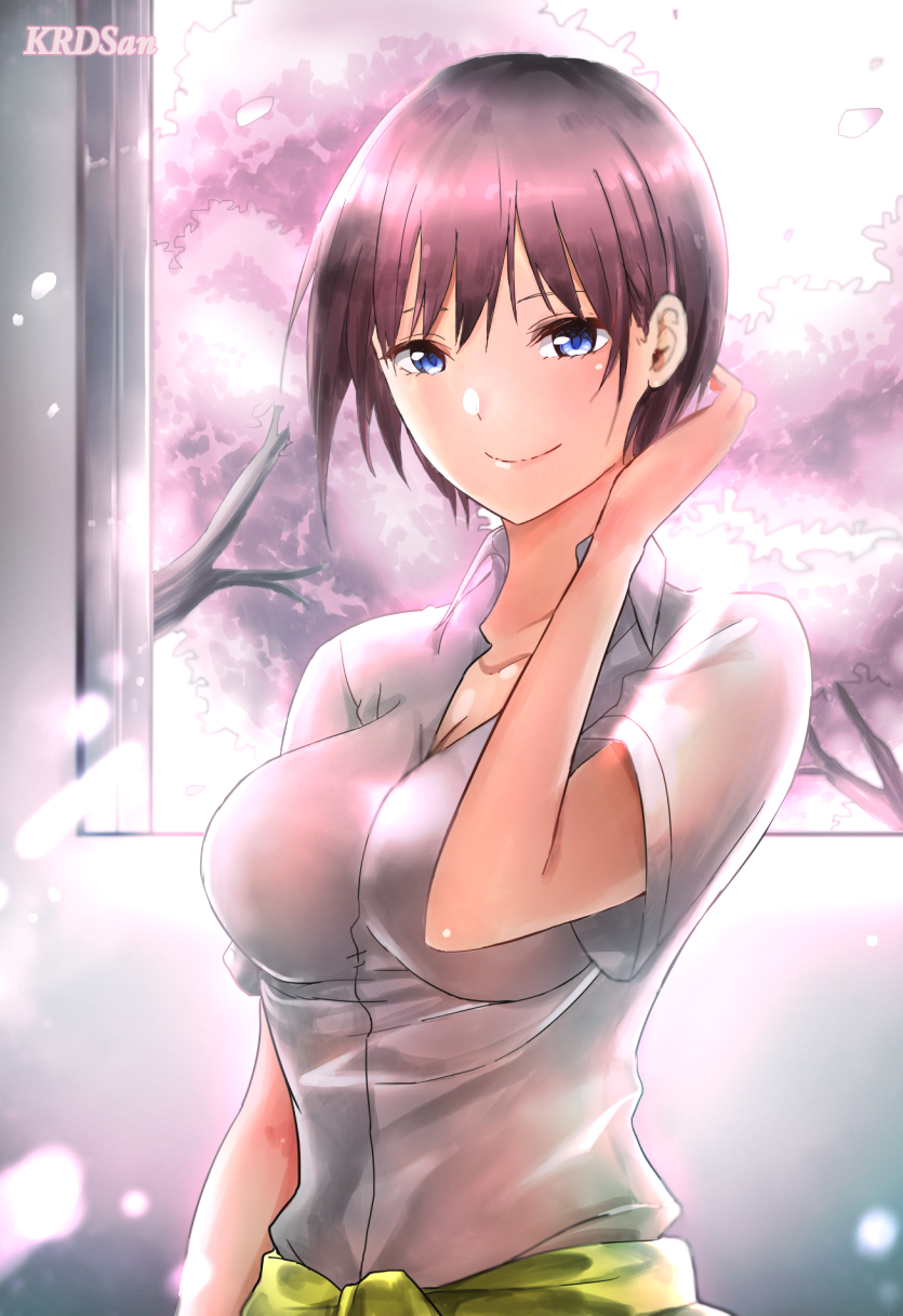 1girl adjusting_hair artist_name bangs blue_eyes breasts cherry_blossoms cleavage closed_mouth collared_shirt commentary dress_shirt go-toubun_no_hanayome highres krdsan large_breasts looking_at_viewer nakano_ichika shirt short_hair short_sleeves smile tied_sweater white_shirt window