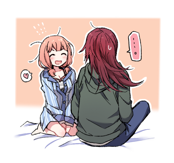 ... 2girls :d ^_^ bang_dream! between_legs blue_pajamas blue_pants blush breasts cleavage closed_eyes closed_eyes green_jacket hand_between_legs heart hood hood_down jacket long_hair long_sleeves looking_at_another low_twintails messy_hair multiple_girls on_bed open_mouth outline pants pink_hair re_ghotion redhead shirt sitting sitting_on_bed smile spoken_ellipsis spoken_heart striped striped_shirt sweatdrop twintails udagawa_tomoe uehara_himari vertical-striped_shirt vertical_stripes white_outline yuri