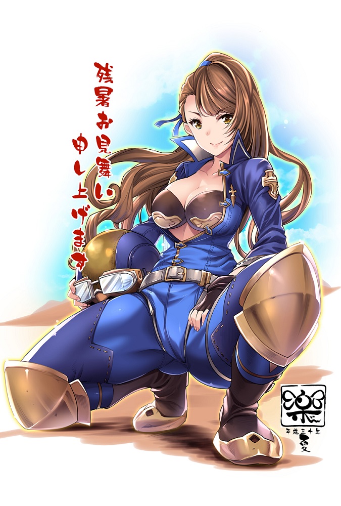 1girl asymmetrical_bangs bangs beatrix_(granblue_fantasy) belt blue_bodysuit blue_sky bodysuit boots bra breasts brown_bra brown_eyes brown_footwear brown_hair cleavage closed_mouth collarbone fingerless_gloves full_body gloves granblue_fantasy headwear_removed helmet helmet_removed knee_boots knee_pads kneeling large_breasts long_hair looking_at_viewer ponytail rakujin sky smile solo thighs underwear