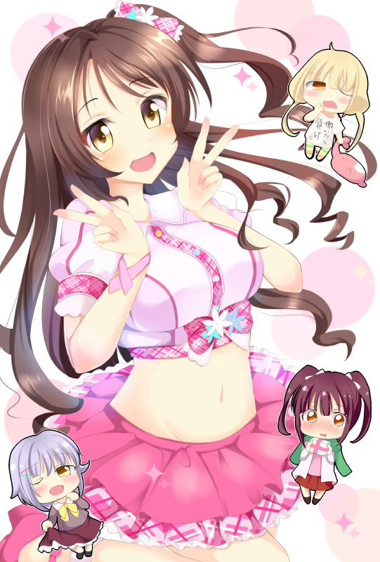 4girls :d ashino bangs blush bow breasts brown_hair chibi chibi_inset commentary_request costume crop_top curly_hair double_w frilled_skirt frills futaba_anzu groin hands_up idol idolmaster idolmaster_cinderella_girls koshimizu_sachiko long_hair looking_at_viewer microskirt midriff multiple_girls navel ogata_chieri one_side_up open_mouth pink_footwear pink_skirt plaid plaid_bow puffy_short_sleeves puffy_sleeves raised_eyebrows shimamura_uzuki shiny shiny_hair short_sleeves skirt smile sparkle stomach very_long_hair w wing_collar yellow_eyes