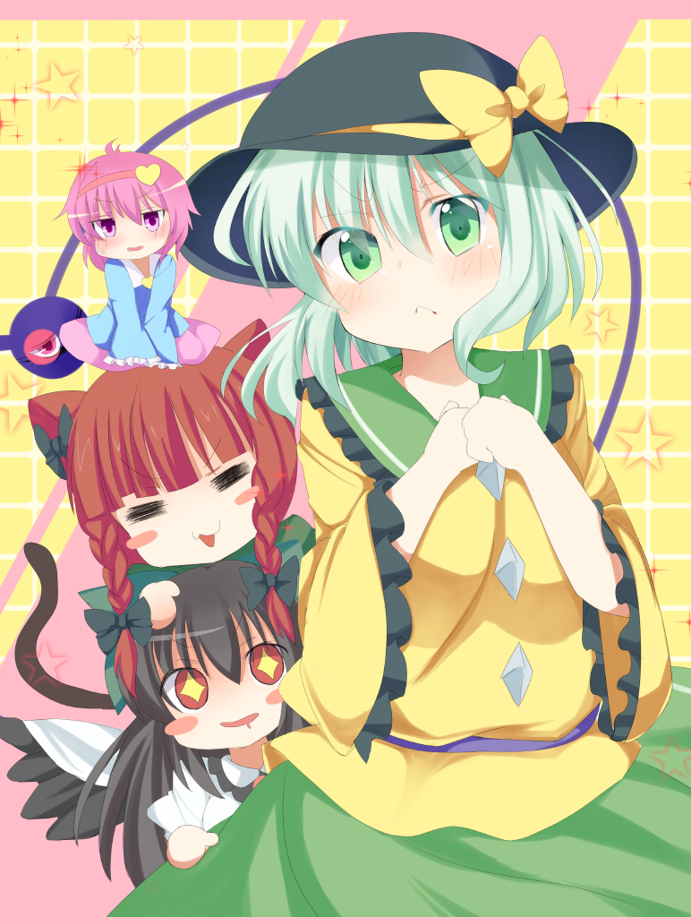 :&lt; :3 animal_ears ashino bangs black_bow black_hair black_hat blunt_bangs blush blush_stickers bow cat_ears cat_girl cat_tail character_request chibi closed_mouth commentary_request eyeball frilled_shirt_collar frilled_sleeves frills furrowed_eyebrows green_eyes green_skirt hair_bow hands_up hat hat_ribbon heart heart_of_string komeiji_koishi light_green_hair long_hair long_sleeves looking_at_viewer no_nose open_mouth red_eyes redhead ribbon skirt smile tail third_eye touhou wide_sleeves yellow_bow