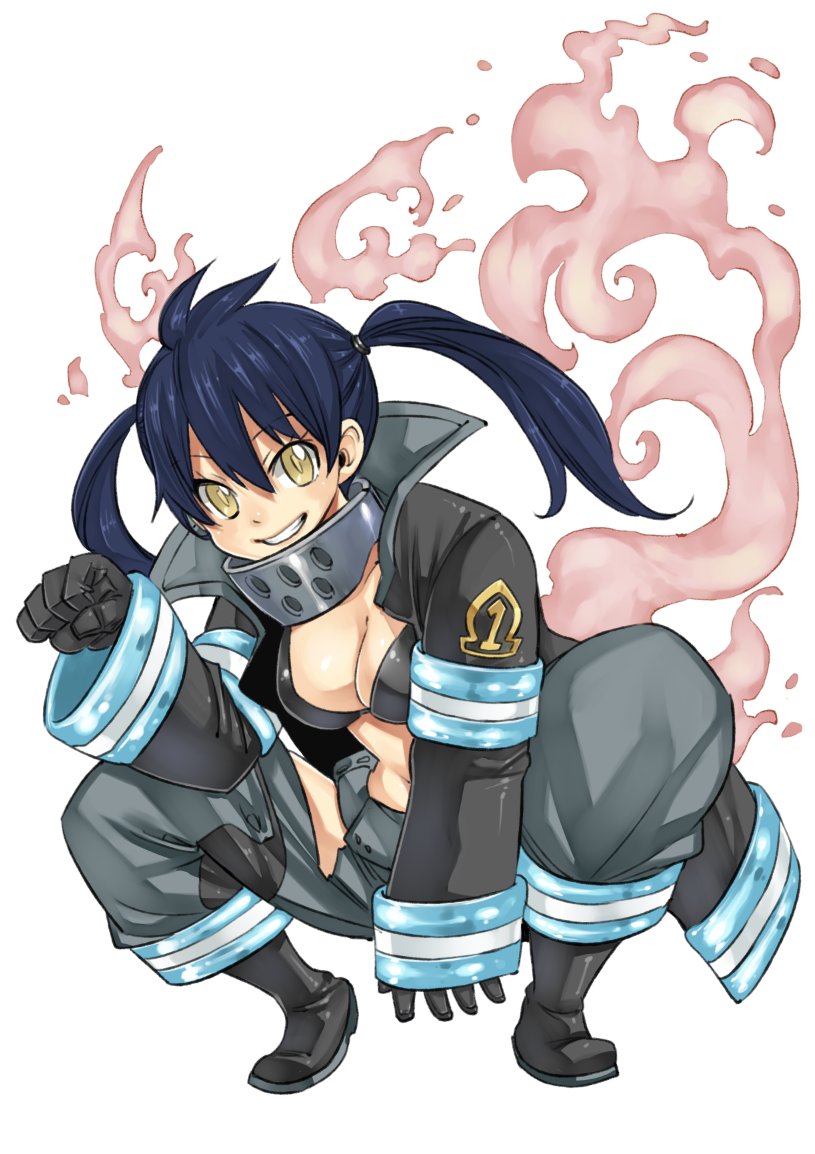 1girl black_bikini_top black_coat black_gloves blue_hair boots breasts brown_footwear cleavage coat collarbone en'en_no_shouboutai eyebrows_visible_through_hair gloves grey_pants grin hair_between_eyes long_hair looking_at_viewer mashima_hiro medium_breasts midriff navel open_clothes open_coat pants shiny shiny_clothes shiny_hair simple_background smile solo squatting stomach tamaki_kotatsu torn_clothes torn_pants twintails white_background yellow_eyes