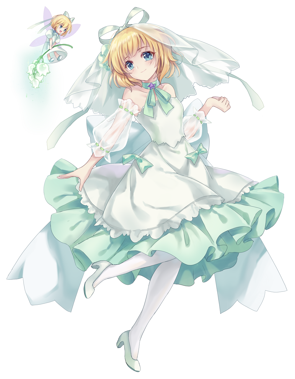 1girl alternate_costume aqua_neckwear bare_shoulders blonde_hair blue_eyes bride collarbone detached_sleeves dress flower flying hair_ribbon head_tilt hichou high_heels highres holding holding_flower layered_dress lily_of_the_valley looking_at_another looking_at_viewer medicine_melancholy neck_ribbon open_mouth pantyhose ribbon see-through_sleeves short_hair simple_background smile standing standing_on_one_leg strapless strapless_dress su-san touhou two-tone_dress veil wedding_dress white_background white_footwear white_legwear