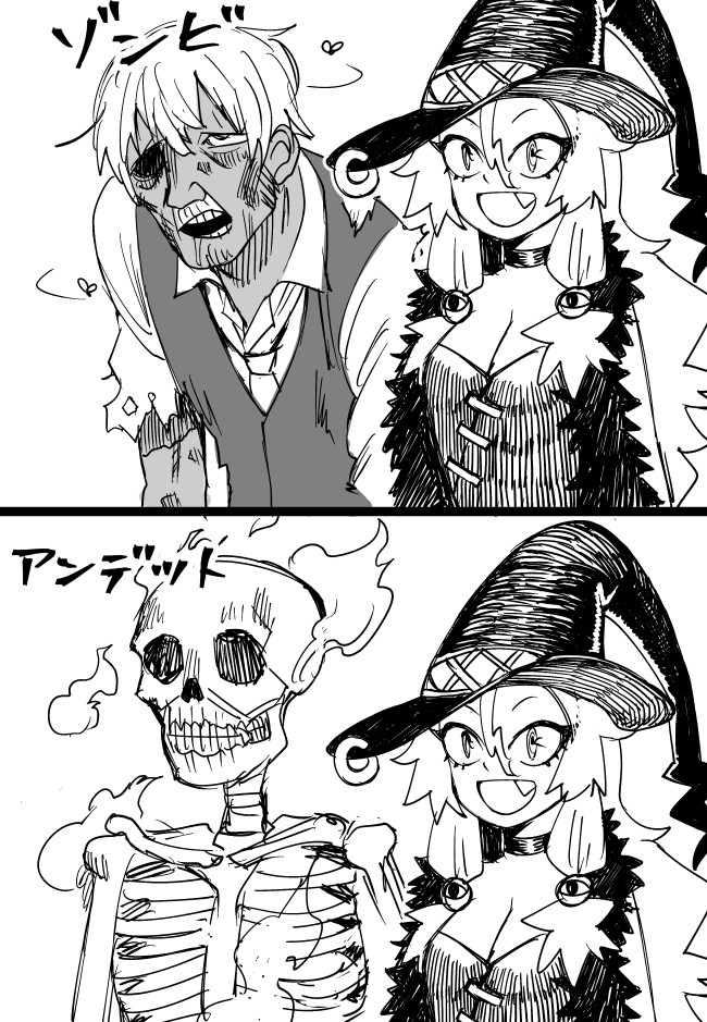 1boy 1girl :d age_progression animal breasts bug cleavage fang fly hat insect long_hair majo_shuukai_de_aimashou open_mouth original otosama simple_background smile undead waistcoat white_background witch witch_hat zombie