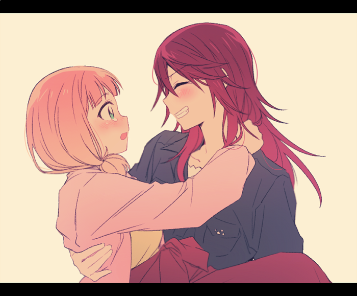 2girls ^_^ bang_dream! bangs blush breast_pocket carrying closed_eyes closed_eyes green_eyes grin hand_on_another's_shoulder jacket letterboxed long_hair long_sleeves looking_at_another low_twintails multiple_girls pink_hair pink_jacket pocket princess_carry re_ghotion redhead shirt smile teardrop twintails udagawa_tomoe uehara_himari upper_body yellow_background yellow_shirt yuri