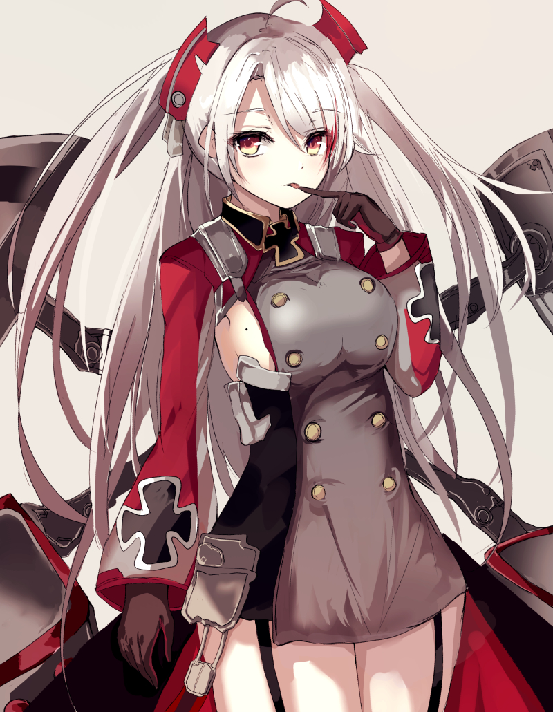 1girl ahoge azur_lane beckzawachi breasts brown_gloves buttons cowboy_shot dress eyebrows_visible_through_hair finger_to_mouth gloves headgear index_finger_raised iron_cross large_breasts legs_together long_hair long_sleeves looking_at_viewer mole mole_on_breast multicolored_hair prinz_eugen_(azur_lane) redhead rigging short_dress sideboob solo streaked_hair thighs tongue tongue_out two-tone_hair two_side_up very_long_hair yellow_eyes