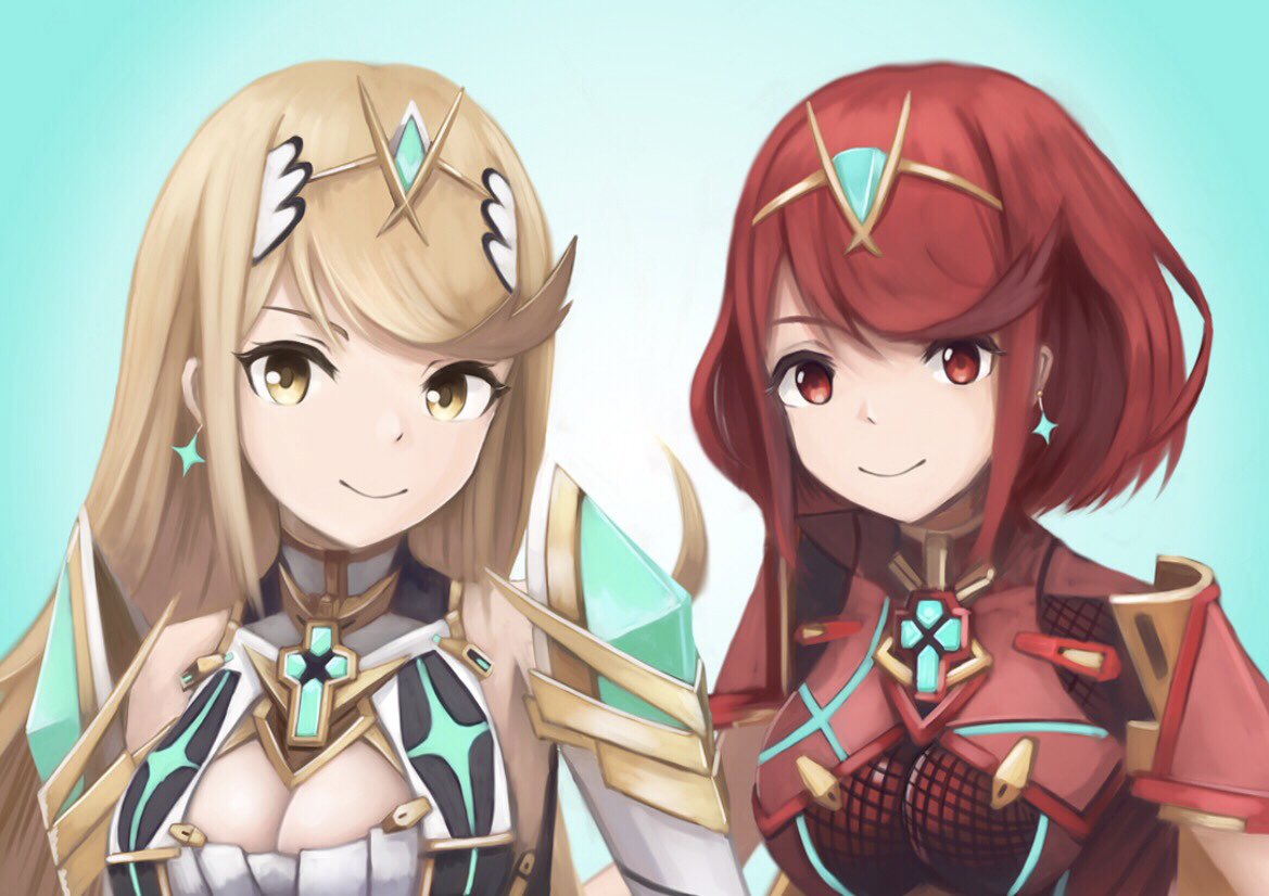 2girls bangs blonde_hair breasts cleavage earrings hair_ornament headpiece mythra_(xenoblade) pyra_(xenoblade) jewelry large_breasts long_hair looking_at_viewer multiple_girls nintendo red_eyes redhead short_hair smile swept_bangs tiara tsukasa_(tukasa_nn) very_long_hair xenoblade_(series) xenoblade_2 yellow_eyes