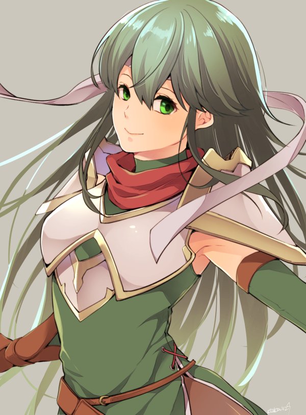 1girl ataka_takeru breastplate closed_mouth elbow_gloves fire_emblem fire_emblem:_mystery_of_the_emblem gloves green_eyes green_gloves green_hair grey_background headband long_hair nintendo paola shoulder_armor simple_background smile solo upper_body white_headband