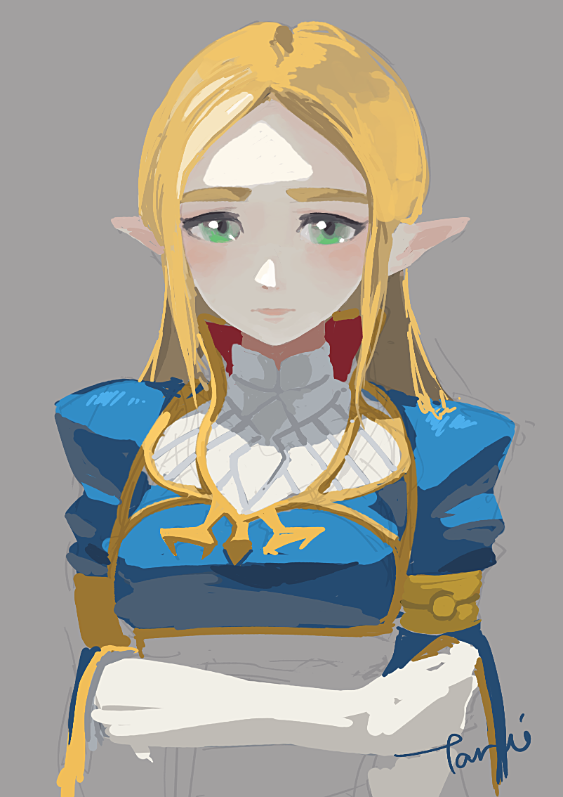 1girl bangs blonde_hair green_eyes grey_background long_hair looking_at_viewer nintendo open_mouth parted_bangs pointy_ears princess princess_zelda signature solo straight_hair tarai_(silica5) the_legend_of_zelda the_legend_of_zelda:_breath_of_the_wild thick_eyebrows turtleneck upper_body