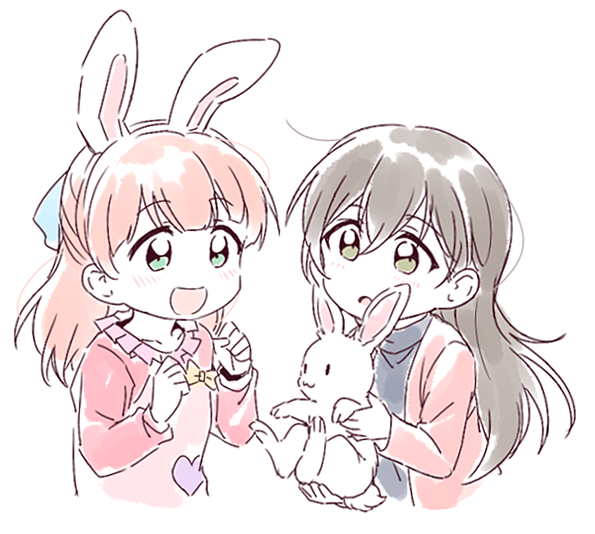 2girls :3 :d :o alternate_hairstyle animal animal_ears bang_dream! bangs black_hair black_shirt bow clenched_hands frilled_shirt_collar frills green_eyes half_updo hanazono_tae hands_up heart holding holding_animal jacket long_hair multiple_girls open_mouth pink_hair pink_jacket rabbit rabbit_ears raglan_sleeves re_ghotion shirt simple_background smile uehara_himari upper_body white_background yellow_bow younger