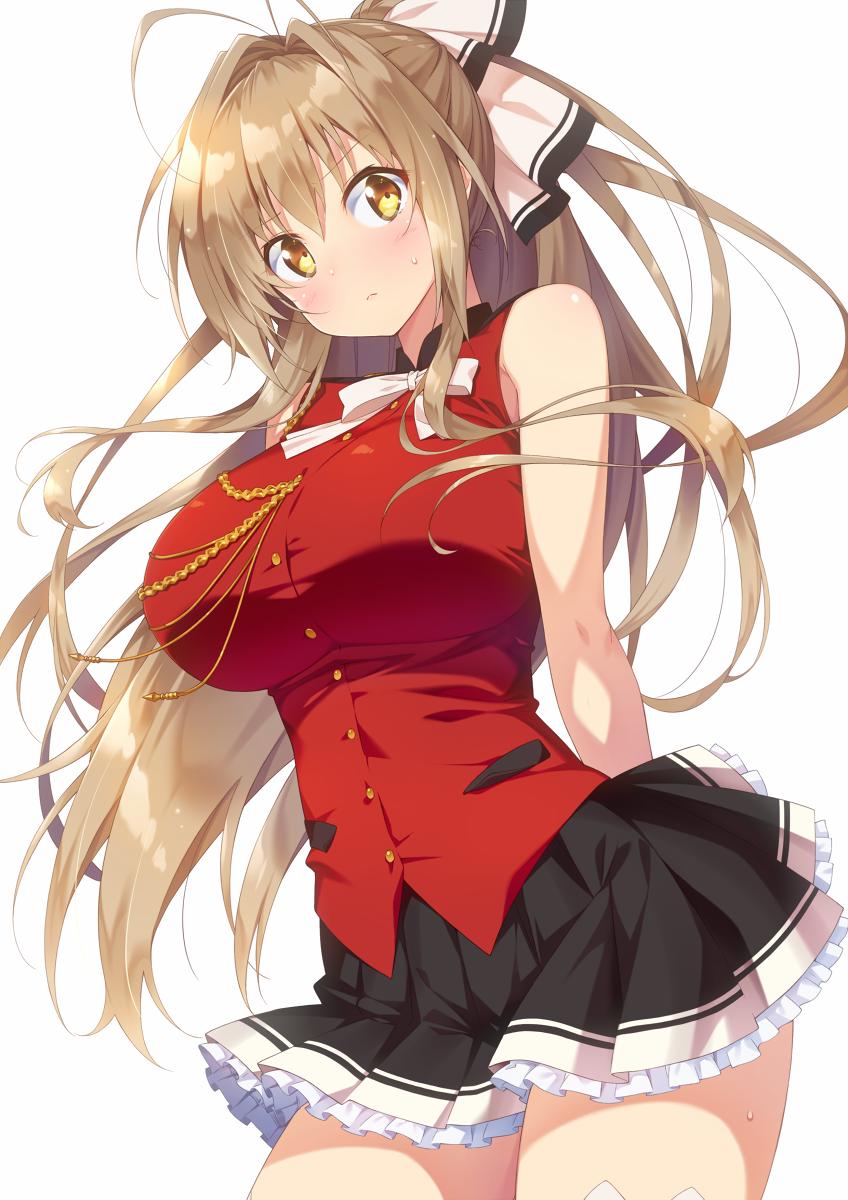 1girl aiguillette amagi_brilliant_park antenna_hair armpit_crease arms_behind_back bare_arms bare_shoulders black_skirt blush breasts brown_hair buttons closed_mouth cowboy_shot floating_hair frilled_skirt frills frown hair_intakes hair_ribbon head_tilt highres ichi_makoto large_breasts long_hair looking_at_viewer miniskirt neck_ribbon pleated_skirt ponytail red_shirt ribbon sento_isuzu shirt sidelocks simple_background skirt sleeveless sleeveless_shirt solo standing sweat thigh-highs white_background white_legwear white_neckwear white_ribbon yellow_eyes zettai_ryouiki