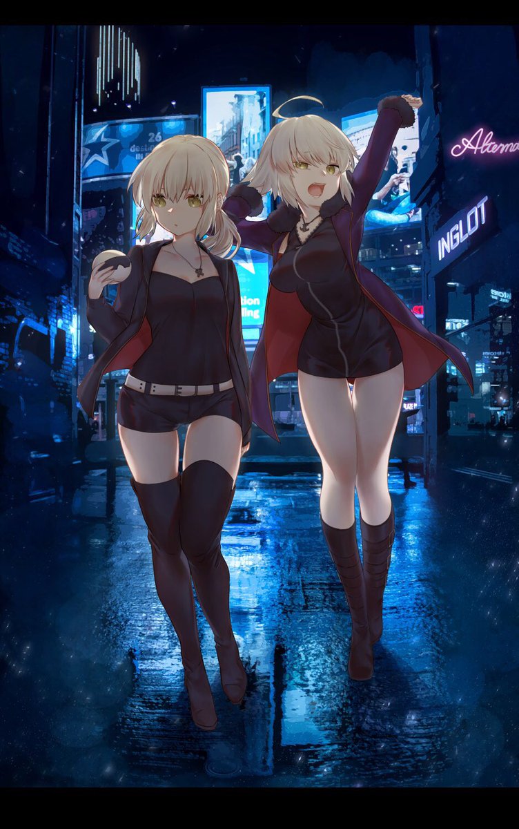 2girls arm_up artoria_pendragon_(all) bangs belt belt_buckle black_dress black_footwear black_legwear black_shirt black_shorts boots breasts brown_eyes buckle commentary_request dress fate/grand_order fate_(series) fur-trimmed_jacket fur-trimmed_sleeves fur_trim hair_between_eyes hand_up highres holding jacket jeanne_d'arc_(alter)_(fate) jeanne_d'arc_(fate)_(all) karinto_yamada knee_boots large_breasts light_brown_hair long_hair long_sleeves multiple_girls neon_lights night night_sky open_clothes open_jacket outdoors purple_jacket reflection saber_alter shinjuku shirt short_shorts shorts sky star stretch thigh-highs thigh_boots white_belt wicked_dragon_witch_ver._shinjuku_1999