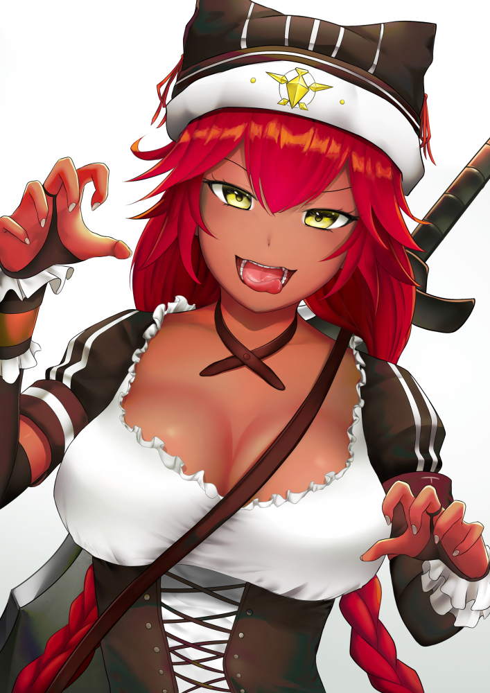 1girl bangs braid breasts claw_pose cleavage dark_skin dress eta37 hair_between_eyes hat large_breasts long_hair long_sleeves looking_at_viewer lupusregina_beta maid overlord_(maruyama) redhead simple_background smile solo sword tongue tongue_out twin_braids weapon yellow_eyes