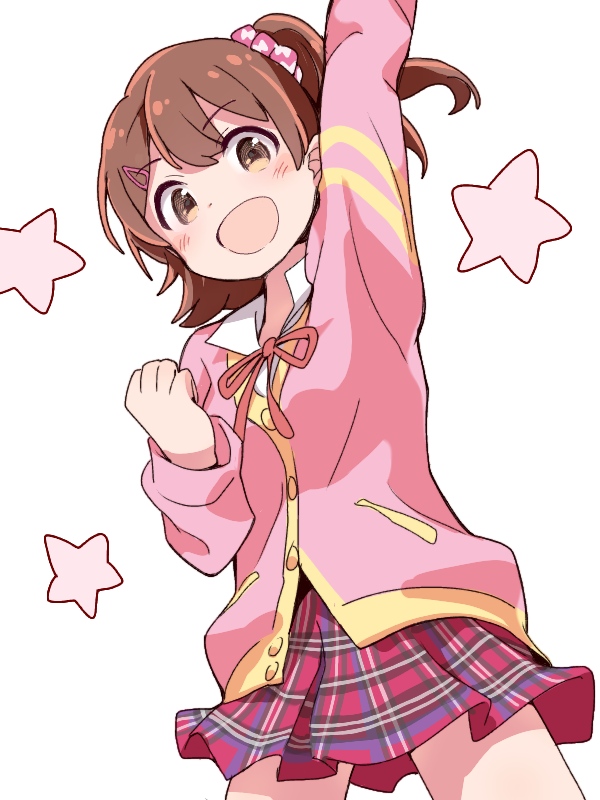 1girl :d arm_up bangs blush brown_eyes brown_hair cardigan collared_shirt ddak5843 eyebrows_visible_through_hair hair_ornament hairclip idolmaster idolmaster_million_live! kasuga_mirai long_sleeves looking_at_viewer neck_ribbon one_side_up open_mouth pink_cardigan plaid plaid_skirt pleated_skirt red_ribbon red_skirt ribbon shirt simple_background skirt smile solo star white_background white_shirt