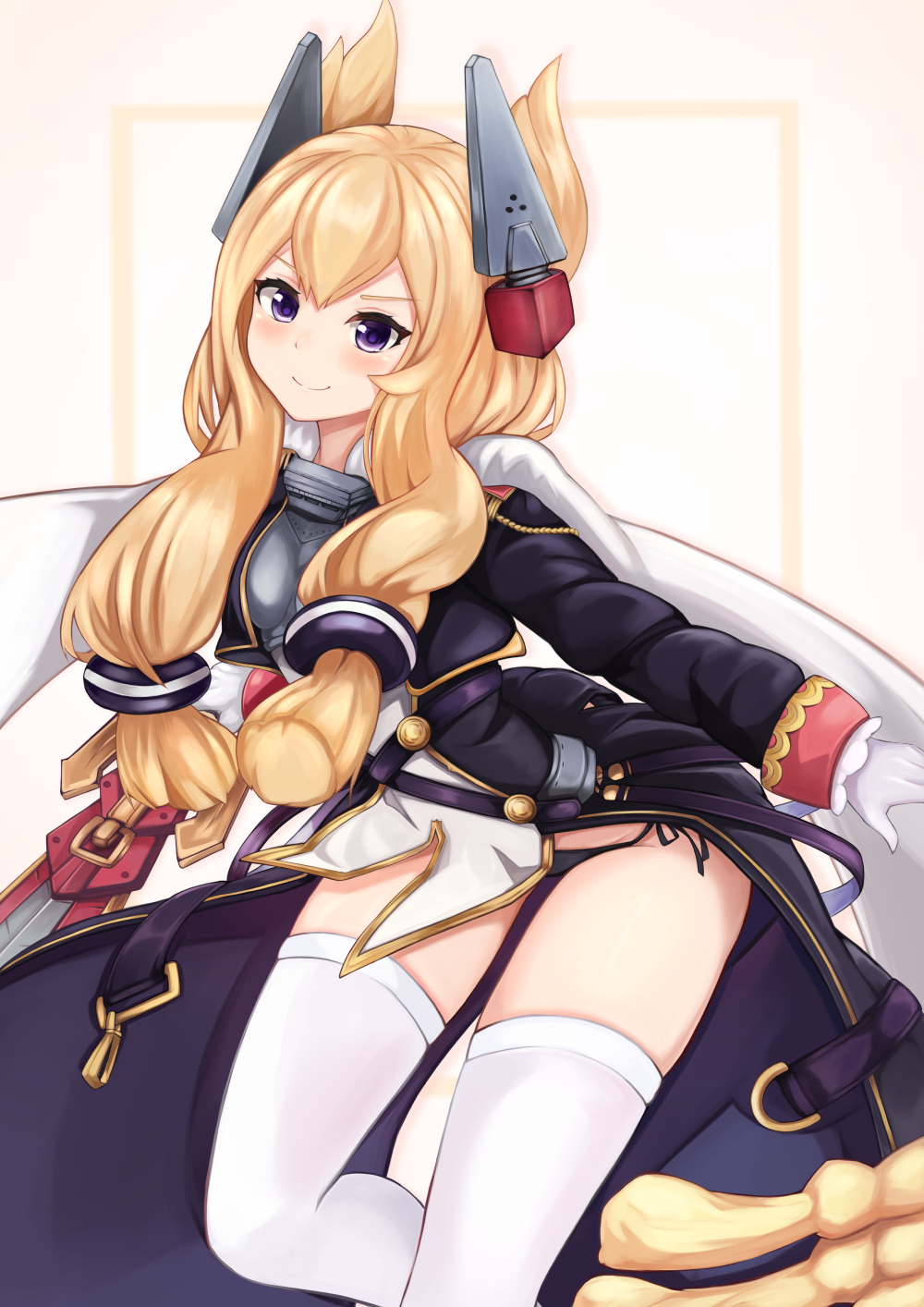 1girl azur_lane bangs black_jacket black_panties blonde_hair blush breasts cape closed_mouth commentary_request eyebrows_visible_through_hair gloves groin hair_between_eyes hair_ears hair_ornament headgear highres holding holding_sword holding_weapon jacket long_hair long_sleeves panties ryara_vivi side-tie_panties sidelocks sleeves_past_wrists small_breasts smile solo sword thigh-highs underwear violet_eyes warspite_(azur_lane) weapon white_cape white_gloves white_legwear