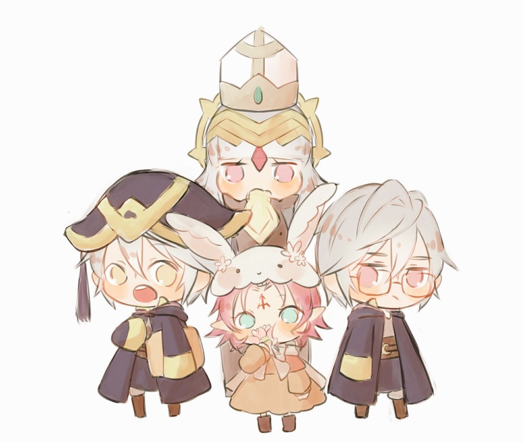 2boys 2girls animal_ears animal_hood bunny_hood chibi closed_mouth crown dango_2go dual_persona fa facial_mark fake_animal_ears fire_emblem fire_emblem:_fuuin_no_tsurugi fire_emblem:_kakusei fire_emblem_heroes flower forehead_mark gimurei glasses green_eyes hair_ornament hat hood long_hair long_sleeves male_my_unit_(fire_emblem:_kakusei) mamkute multiple_boys multiple_girls my_unit_(fire_emblem:_kakusei) nintendo open_mouth pointy_ears purple_hair rabbit_ears red_eyes robe short_hair simple_background standing veronica_(fire_emblem) white_background white_hair yellow_eyes