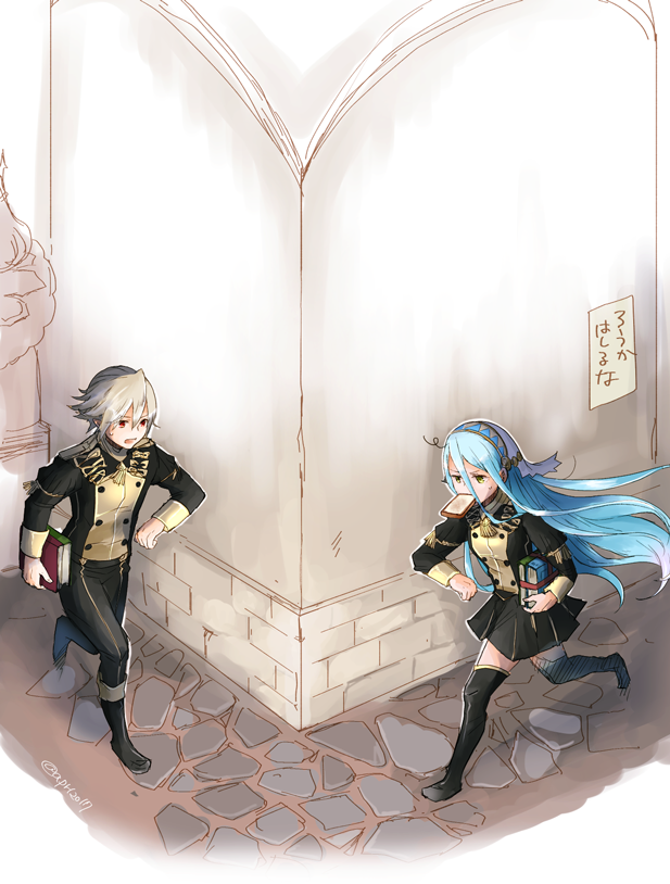 1boy 1girl aqua_(fire_emblem_if) blue_eyes blue_hair book bread bread_eating_race fingerless_gloves fire_emblem fire_emblem:_three_houses fire_emblem_heroes fire_emblem_if food gloves jacket long_hair male_my_unit_(fire_emblem_if) mamkute my_unit_(fire_emblem_if) nintendo pointy_ears red_eyes robaco school_uniform short_hair simple_background skirt thigh-highs veil white_hair yellow_eyes