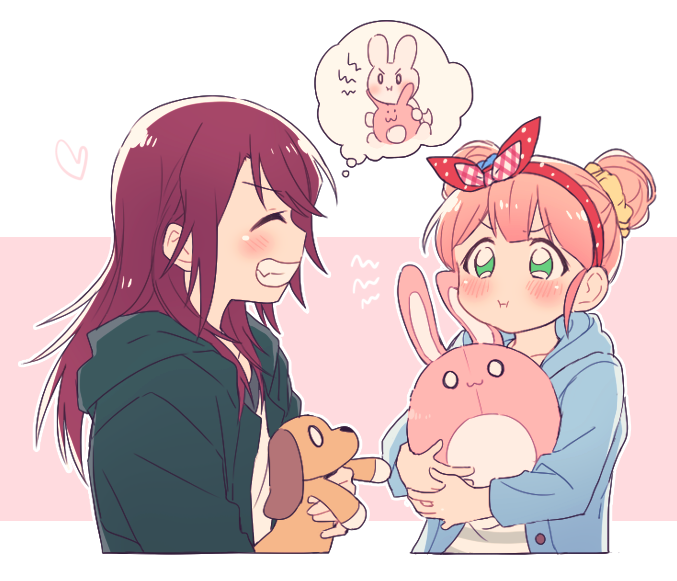 0_0 2girls :3 :i ^_^ alternate_hairstyle bang_dream! bangs blue_jacket blue_scrunchie blush closed_eyes closed_eyes double_bun green_jacket grin hair_ornament hair_ribbon hair_scrunchie heart holding holding_stuffed_animal hood hood_down hooded_jacket imagining jacket long_hair multiple_girls o_o outline pink_background pink_hair pout re_ghotion red_ribbon redhead ribbon scrunchie sidelocks smile stuffed_animal stuffed_bunny stuffed_dog stuffed_toy udagawa_tomoe uehara_himari upper_body v-shaped_eyebrows white_outline yellow_scrunchie