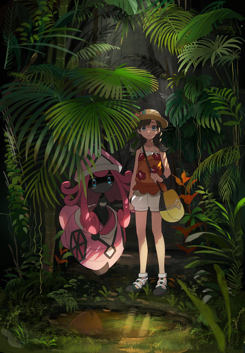 1girl bag blue_eyes braid brown_hair creatures_(company) forest game_freak gen_7_pokemon hat highres mizuki_(pokemon) nature nintendo plant pokemon pokemon_(game) pokemon_usum pond shade shorts tapu_lele twin_braids vines yukin_(es)