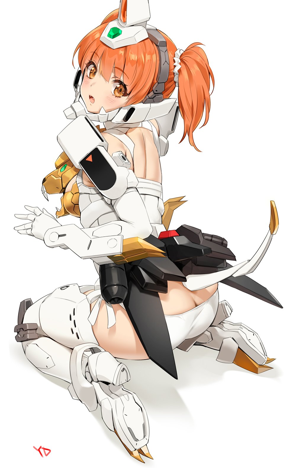 1girl ass back bangs blush breasts elbow_gloves eyebrows_visible_through_hair frame_arms_girl gaigar gloves hair_ornament hair_rings highres mecha mecha_musume open_mouth orange_eyes orange_hair panties personification short_hair side-tie_panties simple_background sitting solo tail teeth tight twintails underwear white_background white_gloves white_panties yang-do yuusha_ou_gaogaigar yuusha_series