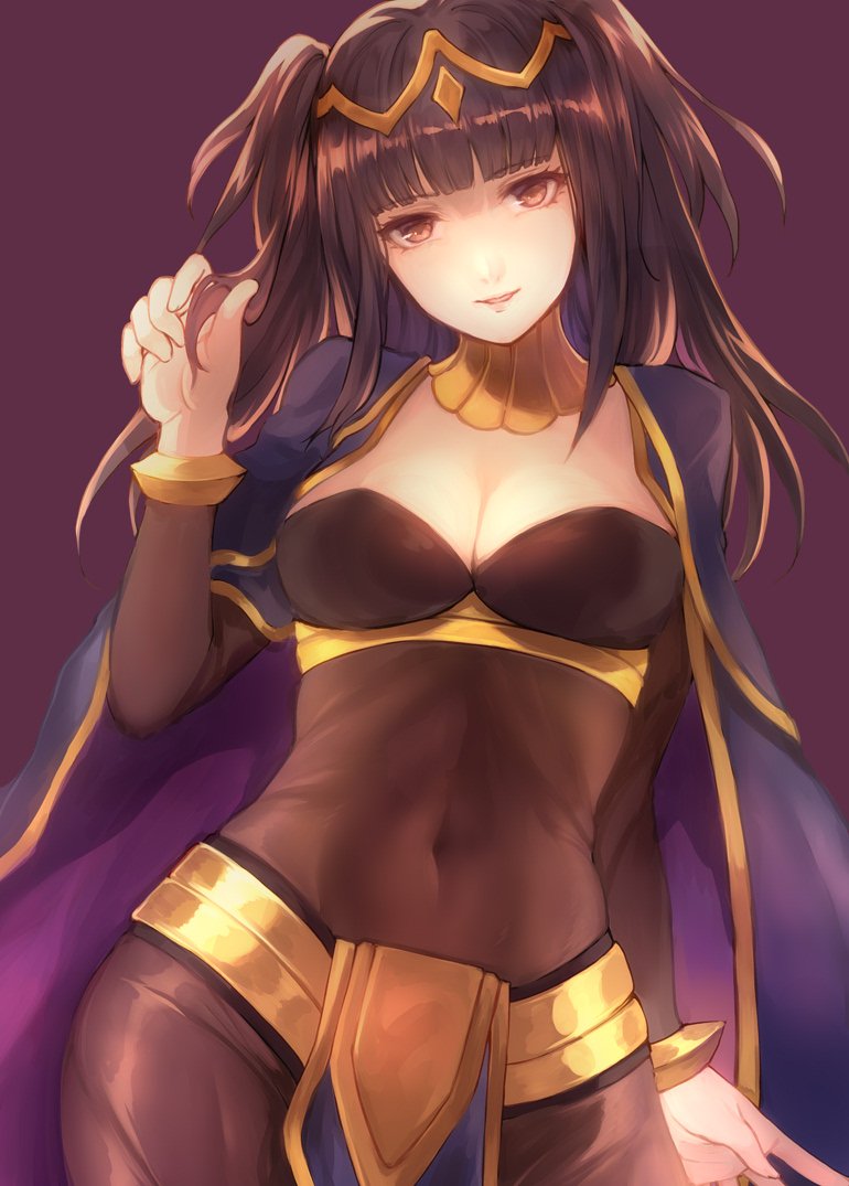 1girl bangle black_hair bodysuit bracelet breasts cape cleavage covered_navel fire_emblem fire_emblem:_kakusei jewelry jurge long_hair medium_breasts nintendo parted_lips simple_background solo tharja tiara twintails