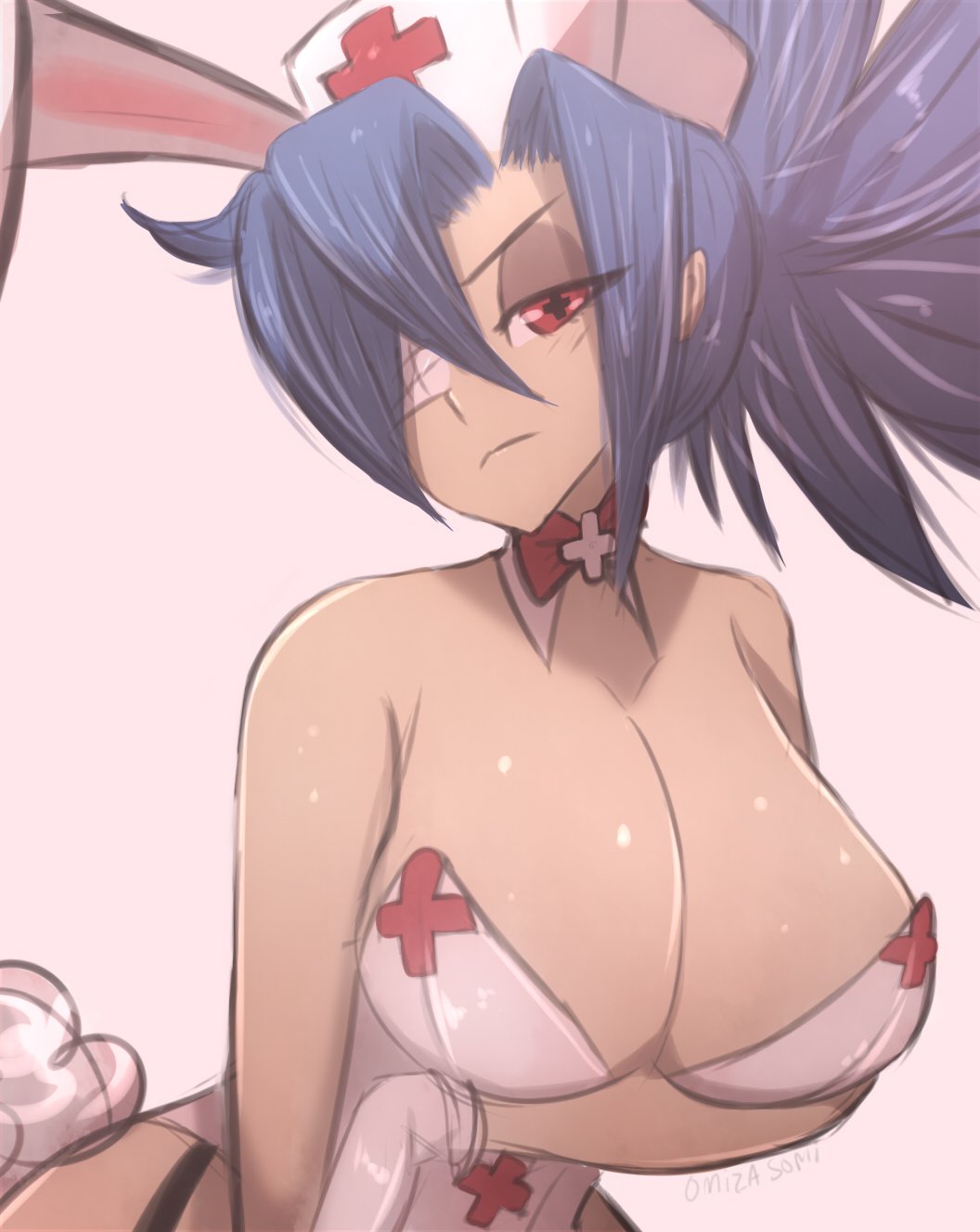 +_+ 1girl alternate_costume animal_ears artist_name blue_hair breasts bunny_tail bunnysuit detached_collar hair_over_one_eye hat highres large_breasts long_hair looking_at_viewer nurse_cap omiza_somi ponytail rabbit_ears red_cross red_eyes skullgirls solo tail valentine_(skullgirls)