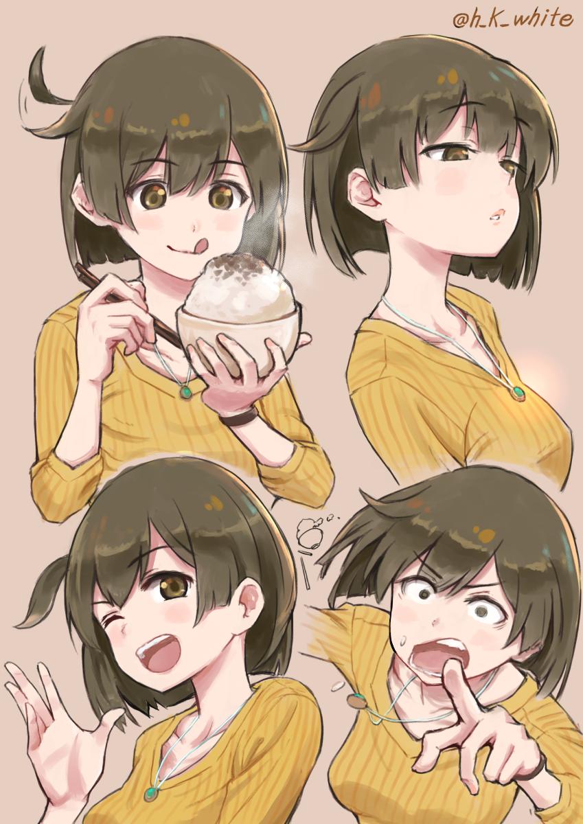 1girl alternate_costume bangs blush bowl breasts brown_eyes brown_hair chopsticks collarbone eyebrows_visible_through_hair food food_on_face h_k_white hair_between_eyes highres hiryuu_(kantai_collection) holding holding_bowl holding_chopsticks jewelry kantai_collection long_sleeves multiple_views necklace one_eye_closed open_mouth orange_sweater pink_background pointing ribbed_sweater rice rice_bowl short_hair simple_background smile solo sweater teeth tongue tongue_out twitter_username upper_body wristband