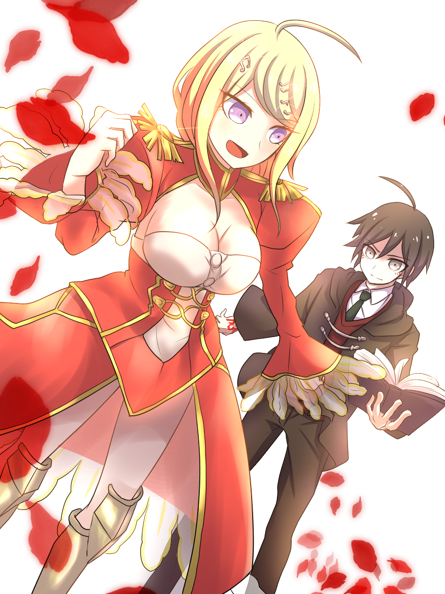 1boy 1girl ahoge akamatsu_kaede alternate_costume black_hair black_jacket blonde_hair book breasts cleavage collarbone command_spell cosplay dangan_ronpa dress epaulettes eyebrows_visible_through_hair fate/extra fate/grand_order fate_(series) flower fujimaru_ritsuka_(male) fujimaru_ritsuka_(male)_(cosplay) green_neckwear grey_eyes hair_between_eyes hair_ornament highres holding holding_book jacket large_breasts long_hair mage's_association_uniform musical_note musical_note_hair_ornament necktie nero_claudius_(fate) nero_claudius_(fate)_(all) nero_claudius_(fate)_(cosplay) new_dangan_ronpa_v3 open_book petals red_dress red_petals rose rose_petals saihara_shuuichi short_hair simple_background violet_eyes white_background zi_huahuo