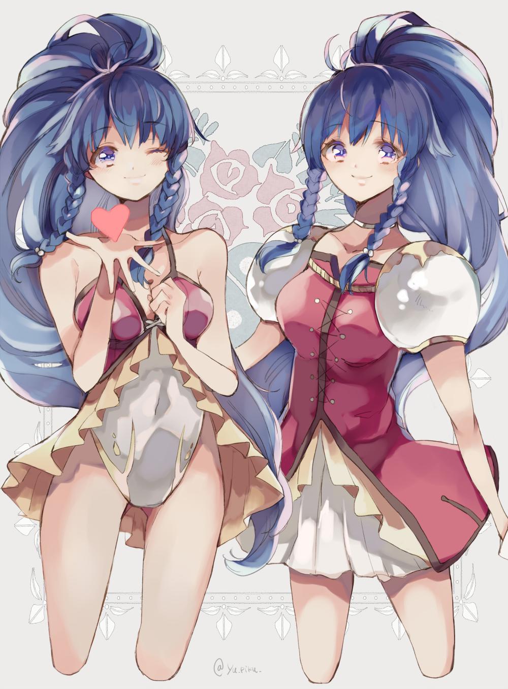 2girls blue_eyes blue_hair braid closed_mouth dress dual_persona fire_emblem fire_emblem:_seima_no_kouseki fire_emblem_heroes heart highres long_hair multiple_girls nintendo one-piece_swimsuit one_eye_closed pauldrons ponytail smile swimsuit tana twin_braids twitter_username yuuri_(114916)