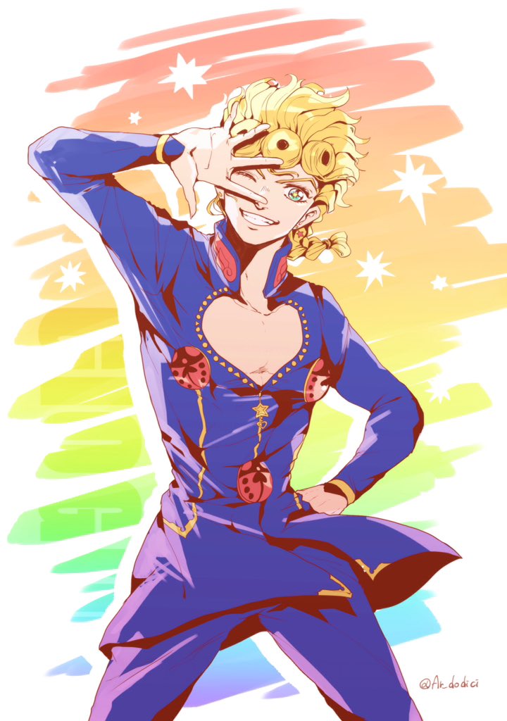 1boy aruti blonde_hair blue_eyes braid brooch bug cowboy_shot earrings giorno_giovanna grin hair_tie hand_on_hip insect jewelry jojo_no_kimyou_na_bouken ladybug male_focus one_eye_closed pose single_braid smile solo stud_earrings twitter_username vento_aureo