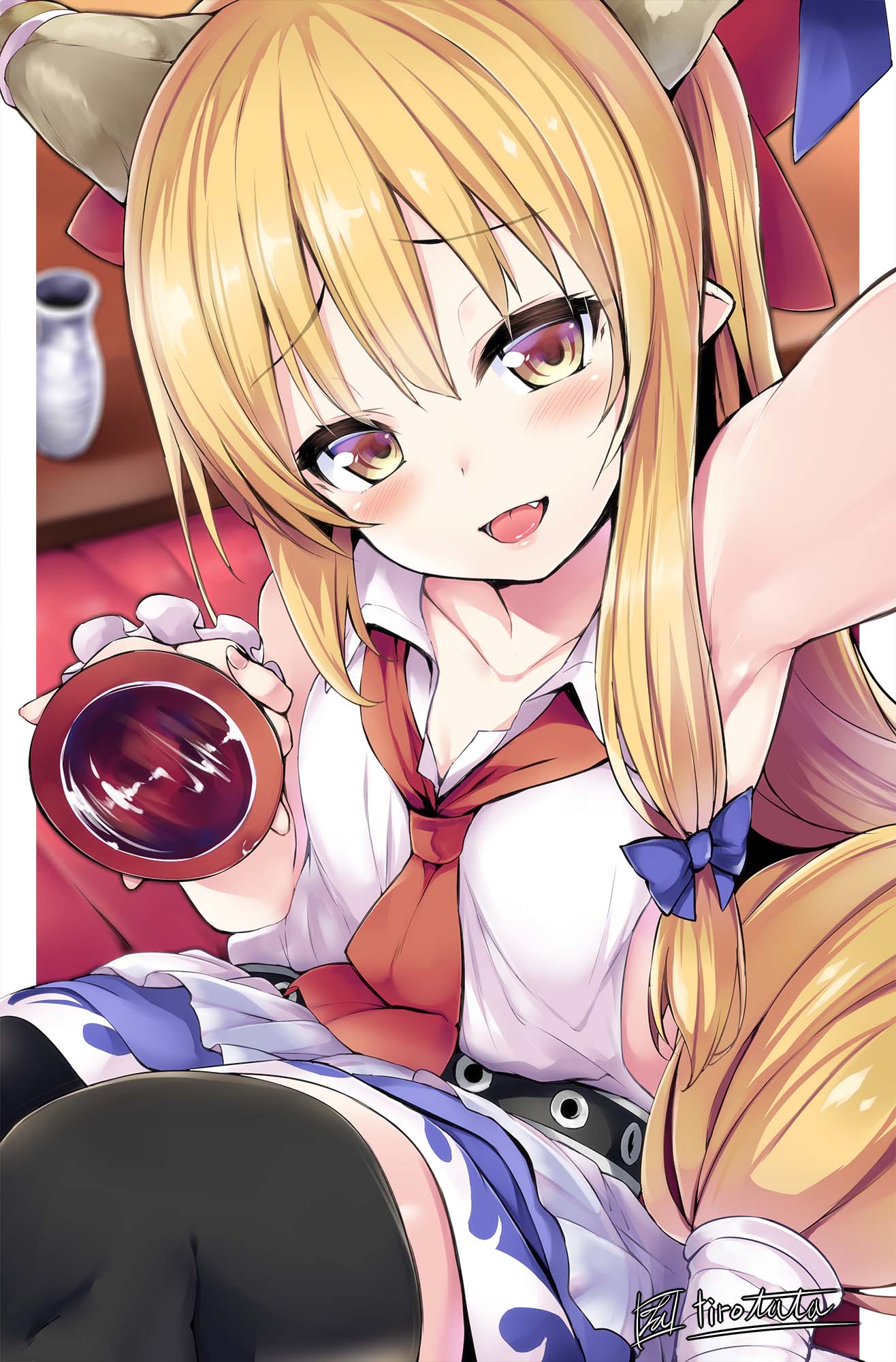 1girl :d alcohol arm_up armpits artist_name ascot bangs bare_arms bare_shoulders belt black_belt black_legwear blonde_hair blue_bow blue_ribbon blue_skirt blurry blurry_background blush border bow collarbone commentary_request cup eyebrows_visible_through_hair fang feet_out_of_frame hair_between_eyes hair_bow hand_up highres holding holding_cup horn_ribbon horns ibuki_suika long_hair looking_at_viewer low-tied_long_hair oni oni_horns open_mouth outside_border pillarboxed pointy_ears red_bow red_neckwear ribbon sakazuki sake shirt sidelocks signature sitting skirt smile solo thigh-highs thighs tirotata tokkuri touhou very_long_hair white_border white_shirt wing_collar wrist_cuffs yellow_eyes