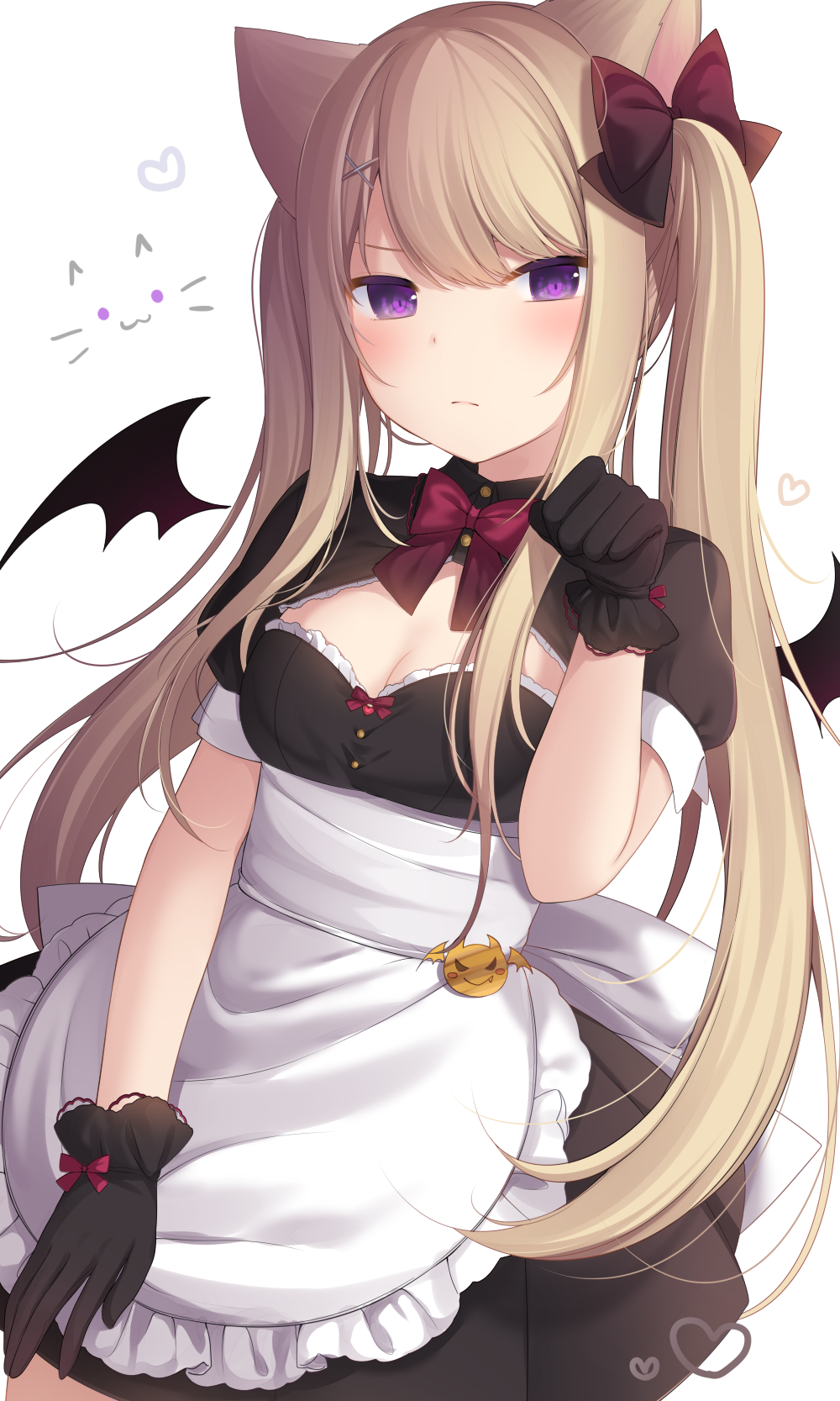 1girl amashiro_natsuki animal_ears apron bangs black_dress black_gloves black_wings blonde_hair blush bow breasts cat_ears cleavage closed_mouth commentary_request detached_wings dress eyebrows_visible_through_hair frilled_apron frills gloves hair_between_eyes hair_bow hair_ornament hand_up highres long_hair mini_wings original paw_pose pleated_dress puffy_short_sleeves puffy_sleeves red_bow short_sleeves small_breasts solo twintails very_long_hair violet_eyes waist_apron white_apron white_background wings x_hair_ornament