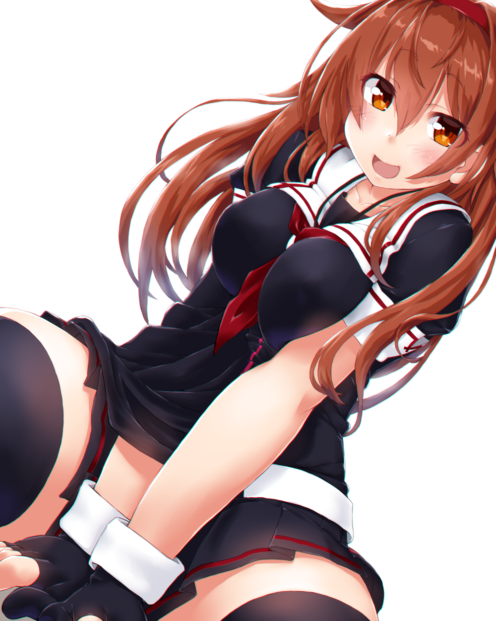 1girl ahoge bangs black_gloves black_legwear black_serafuku blush breasts brown_eyes brown_hair collarbone commentary_request dd_(ijigendd) eyebrows_visible_through_hair gloves hair_between_eyes hair_flaps hair_over_shoulder hairband highres kantai_collection large_breasts long_hair looking_at_viewer neckerchief open_mouth red_hairband sailor_collar school_uniform serafuku shiratsuyu_(kantai_collection) shirt simple_background sitting skirt smile solo thigh-highs white_background