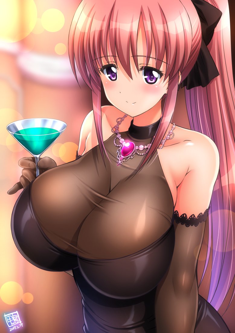 1girl bare_shoulders breasts cup dress eyebrows_visible_through_hair jewelry kamogawa_tanuki large_breasts long_hair necklace original pink_hair ponytail sleeved_gloves smile violet_eyes