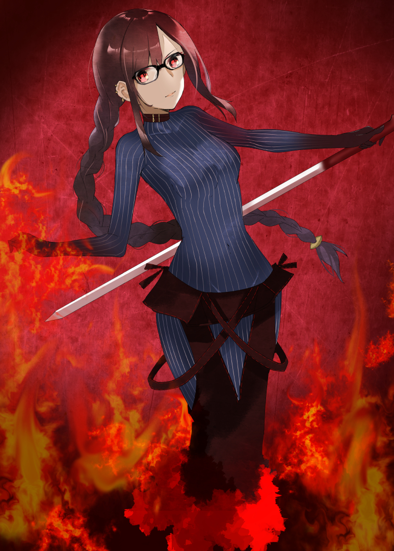 1girl black-framed_eyewear blue_bodysuit bodysuit braid braided_ponytail breasts brown_hair consort_yu_(fate) covered_navel fate/grand_order fate_(series) fire floating_hair glasses holding holding_sword holding_weapon leaning_back long_hair medium_breasts ponytail red_background red_eyes shiny shiny_hair single_braid solo standing striped_bodysuit sword tukise_33 very_long_hair weapon
