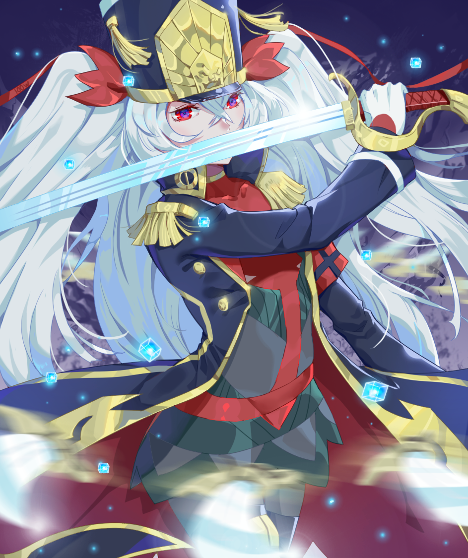 1girl altair_(re:creators) bow collarbone cowboy_shot floating_hair gloves hair_between_eyes hair_bow hat holding holding_sword holding_weapon long_hair military military_hat military_uniform re:creators red_bow red_eyes saber_(weapon) silver_hair solo standing sword uniform very_long_hair wangxiii weapon white_gloves