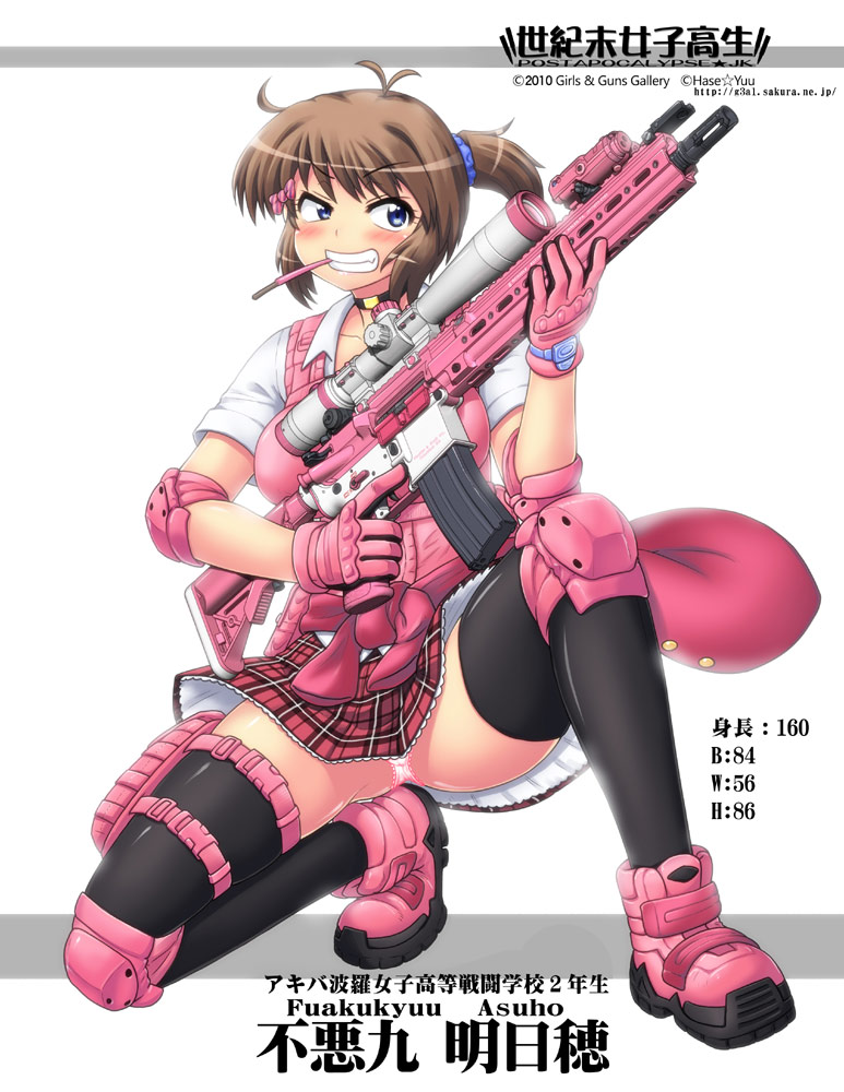 1girl ahoge assault_rifle black_legwear boots brown_hair choker commentary_request elbow_pads fang gloves gun h&amp;k_hk416 hase_yu holding holding_gun holding_weapon holster knee_pads kneeling mouth_hold one_knee original panties pantyshot pantyshot_(kneeling) pink pink_panties plaid plaid_skirt ponytail rifle school_uniform scope scrunchie skirt solo thigh-highs thigh_holster translation_request underwear weapon