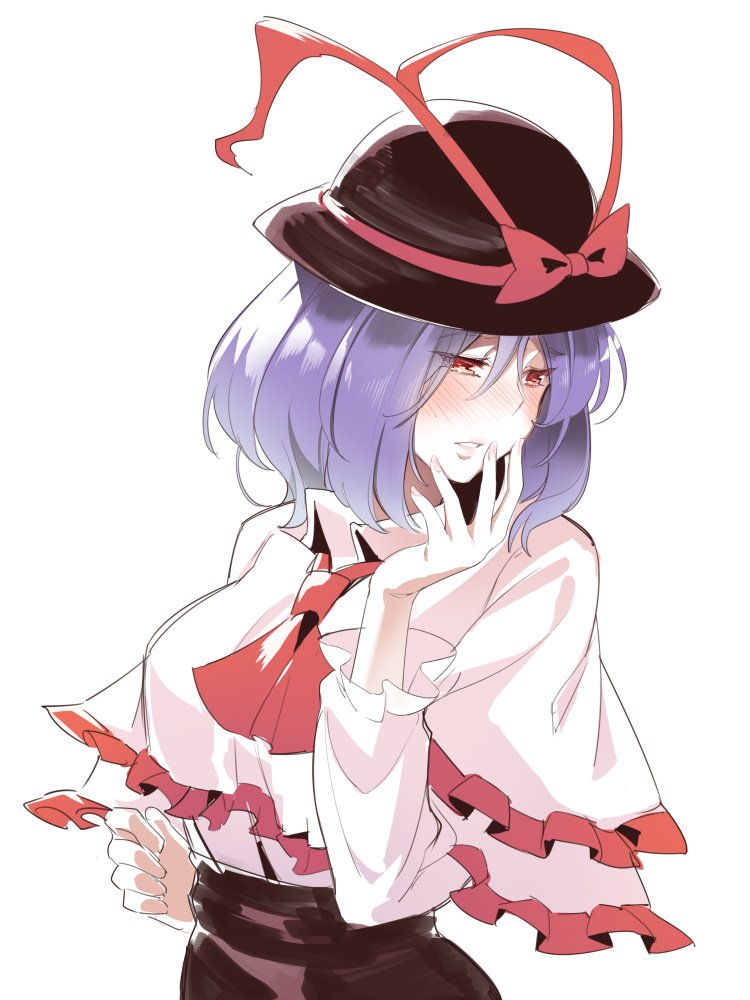 1girl ascot asutora bangs black_hat black_skirt blush breasts capelet commentary_request cowboy_shot eyebrows_visible_through_hair frilled_capelet frills hair_between_eyes half-closed_eyes hand_up hat hat_ribbon large_breasts long_sleeves nagae_iku nose_blush parted_lips purple_hair red_eyes red_neckwear red_ribbon ribbon shirt short_hair simple_background skirt solo touhou white_background white_capelet white_shirt wing_collar