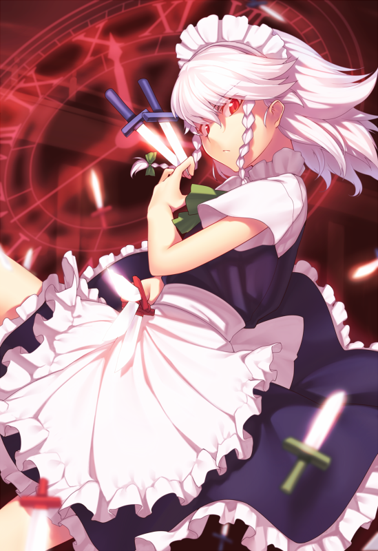 &gt;:( 1girl apron bangs blue_dress bow braid clock cowboy_shot dress eyebrows_visible_through_hair frilled_apron frills green_bow green_neckwear green_ribbon hair_between_eyes hair_bow holding holding_knife holding_weapon izayoi_sakuya kaiza_(rider000) knife knives_between_fingers looking_at_viewer maid maid_apron maid_headdress neck_ribbon petticoat red_eyes ribbon short_hair short_sleeves silver_hair solo touhou twin_braids v-shaped_eyebrows waist_apron weapon white_apron