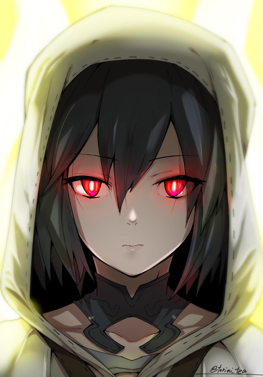 1girl brown_hair cloak collar collarbone commentary_request expressionless eyebrows_visible_through_hair fate/grand_order fate_(series) glowing glowing_eyes hair_between_eyes head_only highres hood hood_up hooded_cloak looking_at_viewer ortlinde_(fate/grand_order) red_eyes short_hair solo torichamaru twitter_username valkyrie_(fate/grand_order) yellow_background