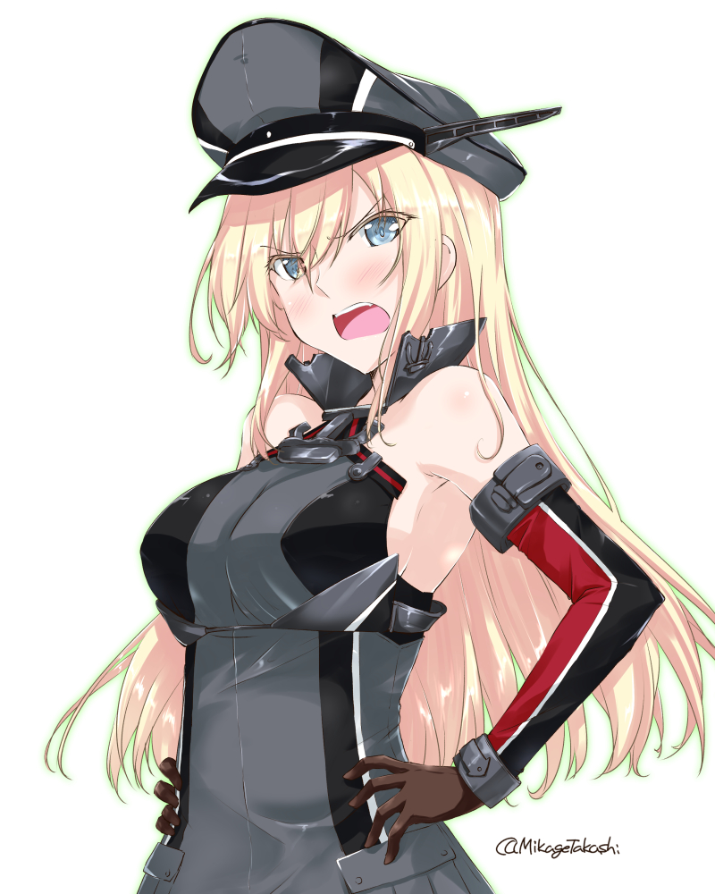 1girl anchor_hair_ornament bismarck_(kantai_collection) blonde_hair blue_eyes breastplate breasts detached_sleeves eyebrows_visible_through_hair gloves hair_ornament hat kantai_collection large_breasts long_hair looking_at_viewer mikage_takashi military military_hat military_uniform open_mouth peaked_cap simple_background solo tsundere uniform white_background