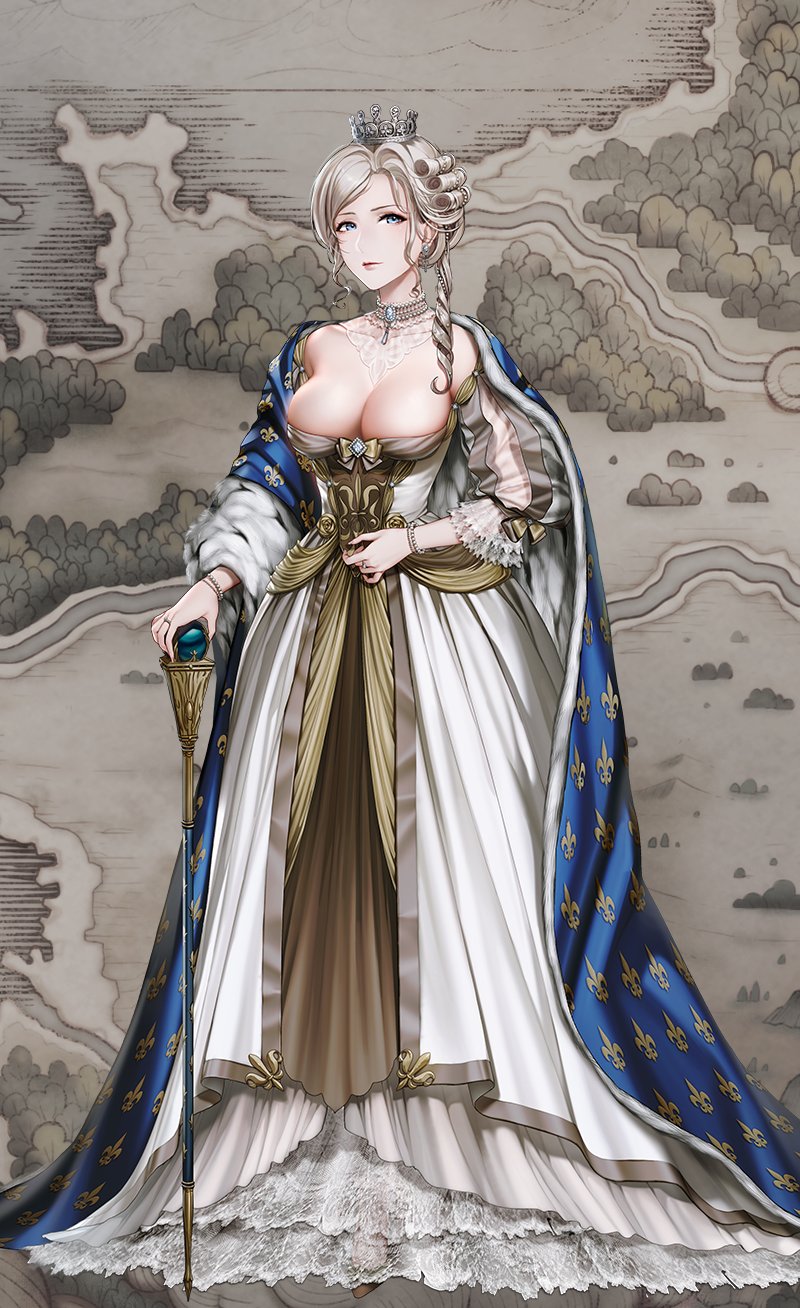 1girl blue_eyes bow braid breasts cane cleavage cloak collarbone crown curly_hair dress earrings feather_boa full_body gem highres jewelry lace large_breasts lips lipstick long_hair makeup marie_antoinette_(seijo_senki) necklace official_art quuni ring seijo_senki shawl silver_hair solo strapless strapless_dress white_dress wristband