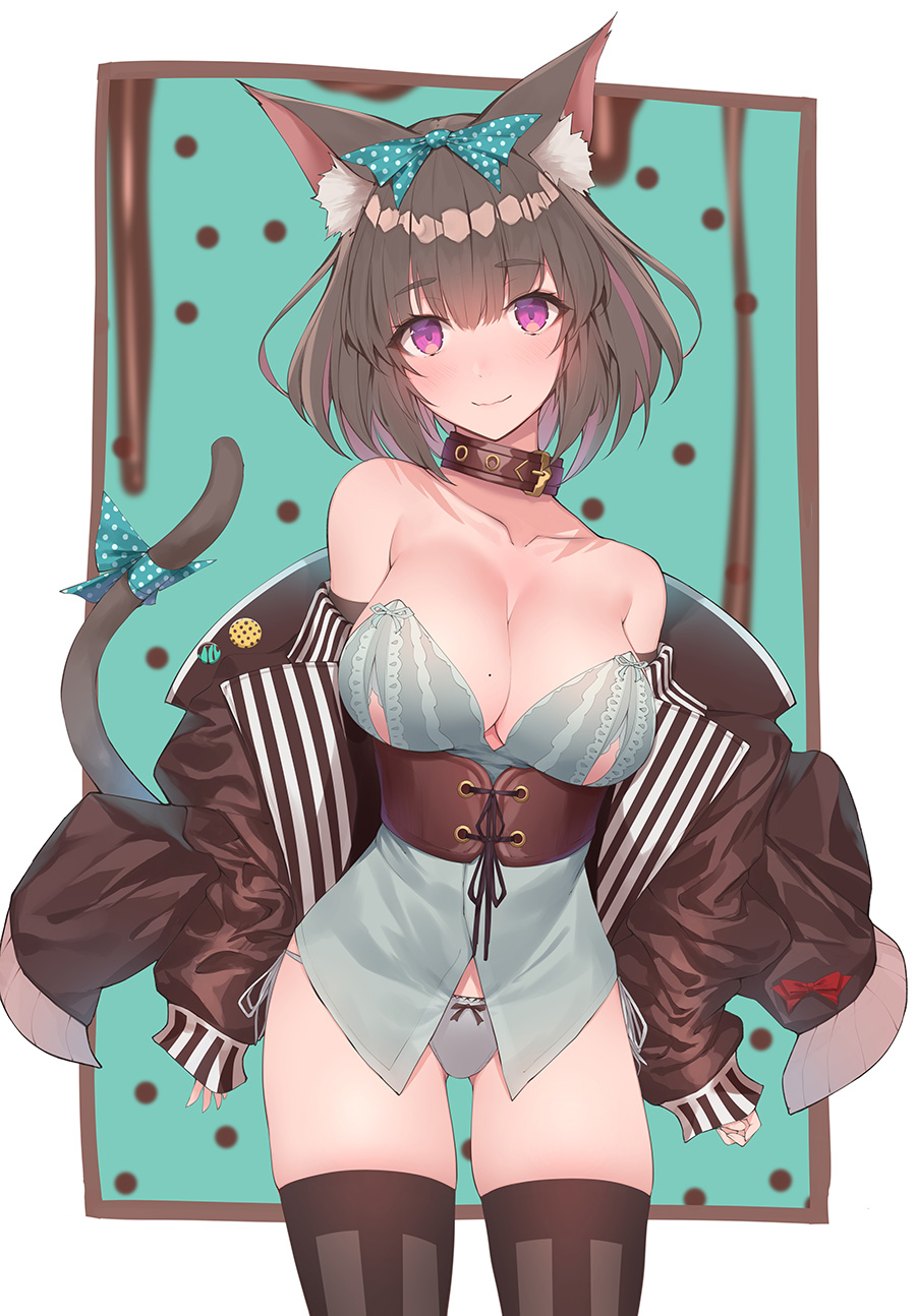 1girl animal_ear_fluff animal_ears bare_shoulders belt_collar blue_shirt blurry blush bow breasts brown_hair brown_jacket brown_legwear cat_ears cat_tail cleavage closed_mouth collar collarbone commentary_request cowboy_shot grey_panties hair_bow head_tilt highres jacket large_breasts long_sleeves looking_at_viewer mole mole_on_breast multicolored_hair no_pants off_shoulder open_clothes open_jacket original panties polka_dot polka_dot_bow ribbon shirt short_hair side-tie_panties skindentation sleeves_past_wrists smile solo standing streaked_hair tail tail_ribbon thigh-highs underbust underwear violet_eyes yaman