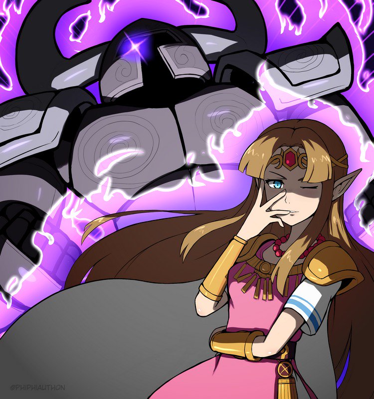 1girl 1other armor aura bangle blue_eyes bracelet brown_hair cape circlet dress glowing glowing_eye helmet horned_helmet jewelry jojo_no_kimyou_na_bouken jojo_pose long_hair looking_at_viewer necklace nintendo one_eye_closed phantom_(the_legend_of_zelda) phiphi-au-thon pink_dress pointy_ears pose princess_zelda spiral stand_(jojo) super_smash_bros. the_legend_of_zelda