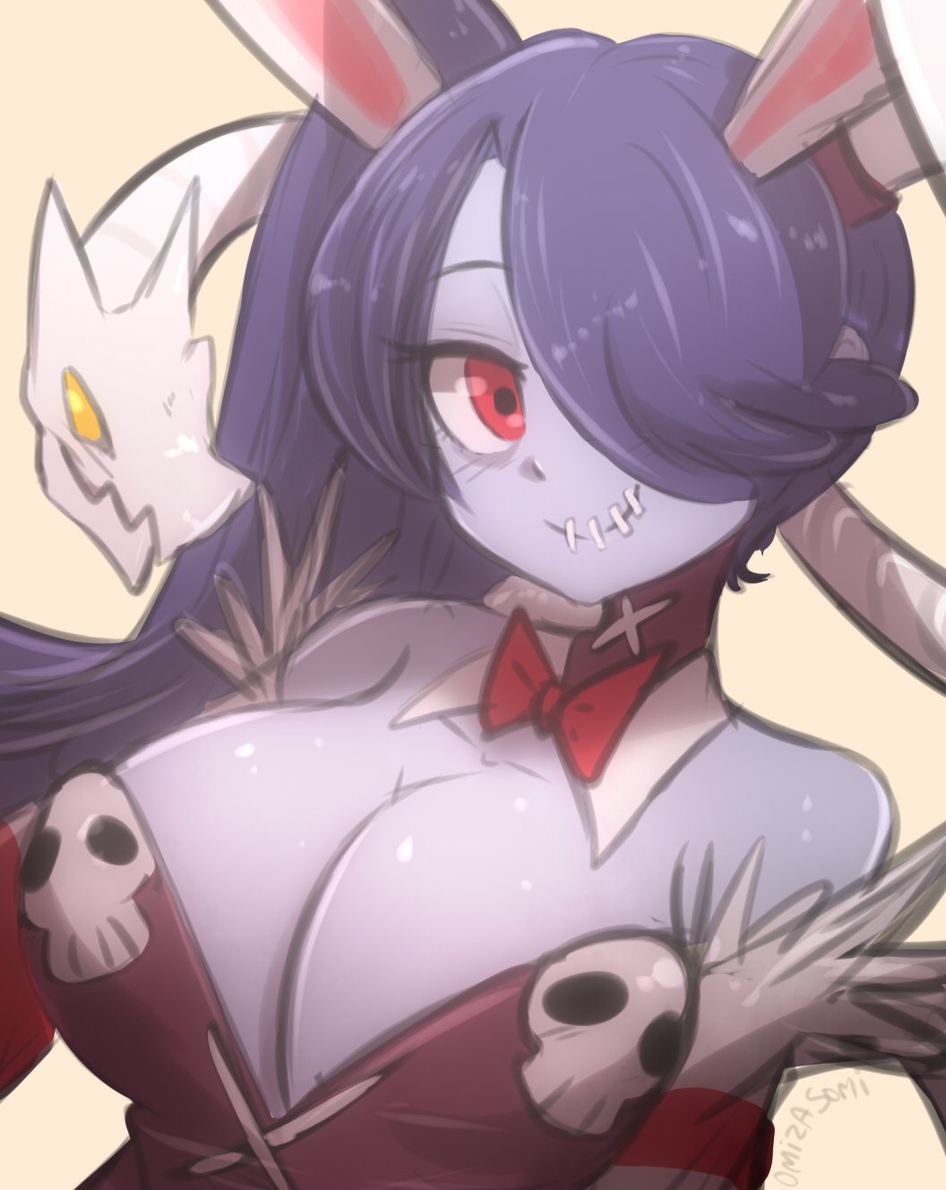 1girl animal_ears artist_name bow bowtie breasts bunnysuit cleavage detached_sleeves hair_over_one_eye highres large_breasts leviathan_(skullgirls) looking_at_viewer omiza_somi purple_hair purple_skin rabbit_ears red_eyes skullgirls smile squigly_(skullgirls) stitched_mouth stitches upper_body yellow_eyes