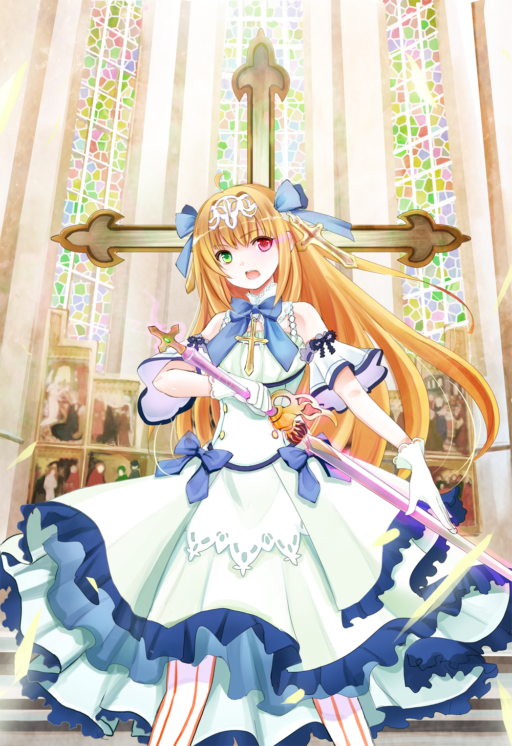 1girl :o bebemoko blue_bow blue_neckwear bow church cross cross_hair_ornament cross_necklace crown detached_sleeves dress gloves green_eyes hair_bow hair_ornament heterochromia highres holding holding_sword holding_weapon indoors jewelry long_hair looking_at_viewer necklace red_eyes short_sleeves solo solo_focus stained_glass standing striped striped_legwear sword vertical-striped_legwear vertical_stripes very_long_hair weapon white_dress white_gloves white_legwear