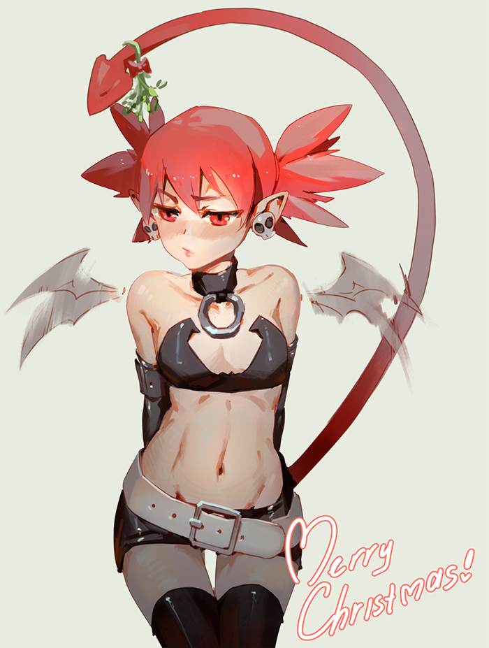 1girl 3four bat_wings blush choker closed_mouth commentary demon_girl demon_tail demon_wings disgaea earrings elbow_gloves etna flat_chest gloves jewelry long_tail looking_at_viewer makai_senki_disgaea mini_wings miniskirt mistletoe navel pointy_ears red_eyes redhead short_hair simple_background skirt skull skull_earrings solo tail tail_raised thigh-highs twintails wings