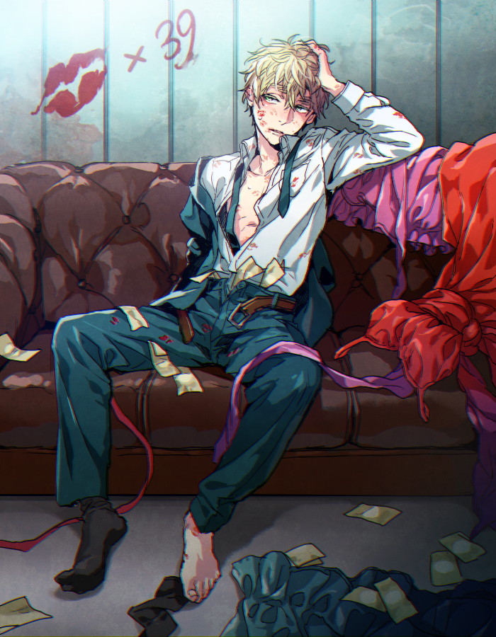 1boy axis_powers_hetalia belt blonde_hair dress hand_in_hair karacoroxx lipstick_mark looking_to_the_side makeup male_focus messy_hair money open_mouth parted_lips sitting socks solo unbuckled united_kingdom_(hetalia)