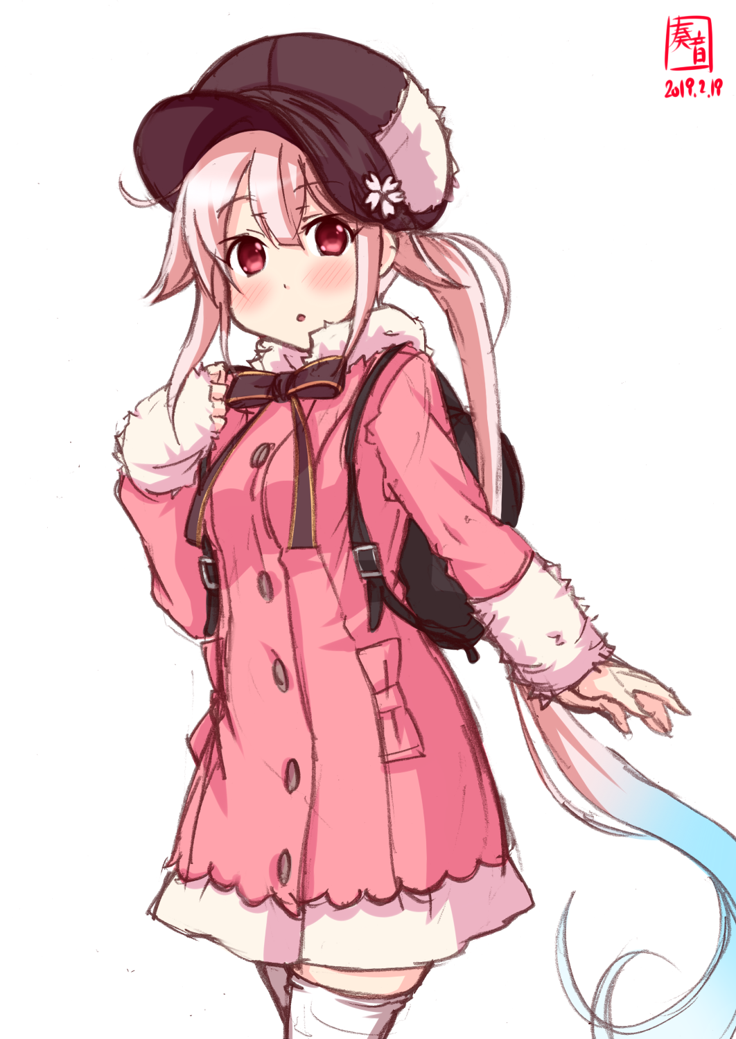 1girl alternate_costume artist_logo backpack bag beret blue_hair brown_hat coat commentary_request cowboy_shot dated flower fur-trimmed_coat fur_trim gradient_hair hair_flower hair_ornament harusame_(kantai_collection) hat highres kanon_(kurogane_knights) kantai_collection long_hair looking_at_viewer multicolored_hair pink_coat pink_hair red_eyes side_ponytail simple_background solo thigh-highs white_background white_legwear