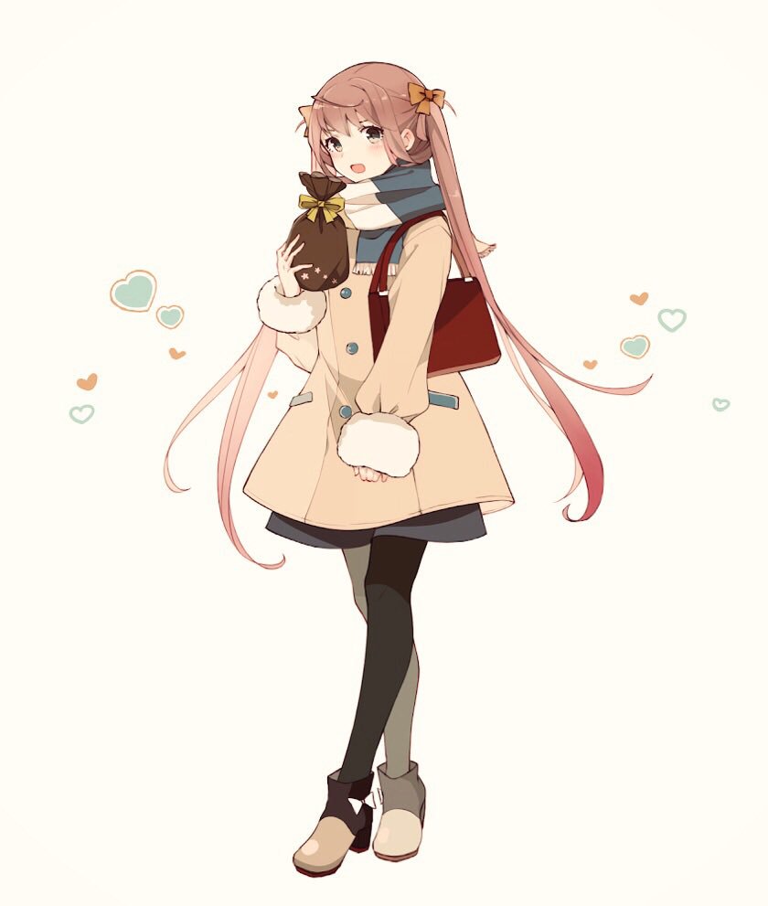 1girl asagumo_(kantai_collection) bag bangs black_legwear blush boots bow brown_hair buttons full_body fur_trim gift gift_bag grey_eyes hair_bow handbag heart holding holding_gift jacket kantai_collection long_hair long_sleeves open_mouth scarf shakemi_(sake_mgmgmg) simple_background smile solo twintails valentine yellow_background